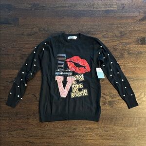 NWT In2You Women’s Black Sweater with Love Graphic and Pearl Accents Size Small